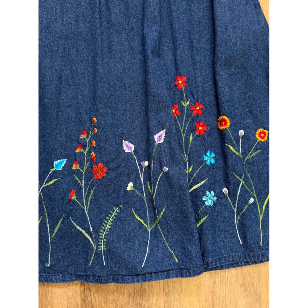 Vintage Denim Floral Embroidered Dress Small Cottage Prairie Blue Cotton Western - Picture 2 of 7